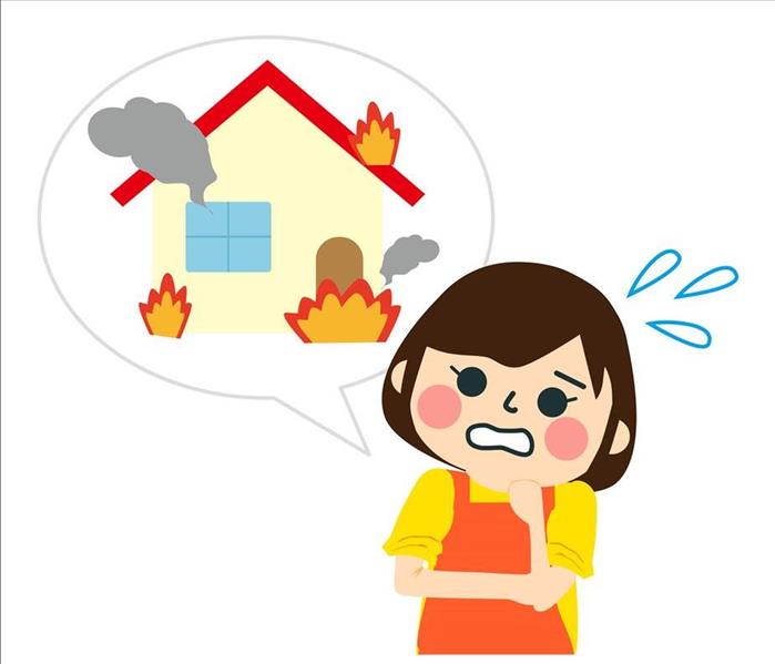 cartoon female fretting, house burning 